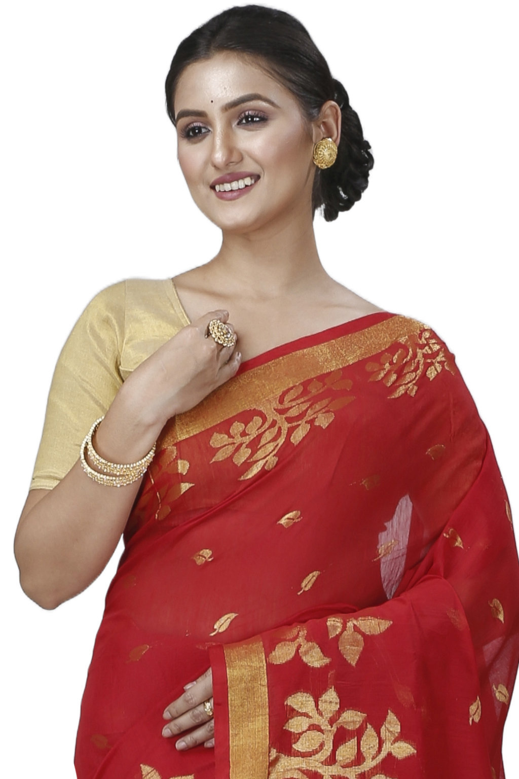 Red Blended Cotton Tina Hand Loom Saree (1213)